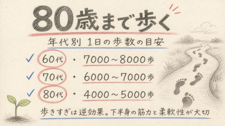 年代別 1日の歩数の目安（鉛筆スケッチ風インフォグラフィック）