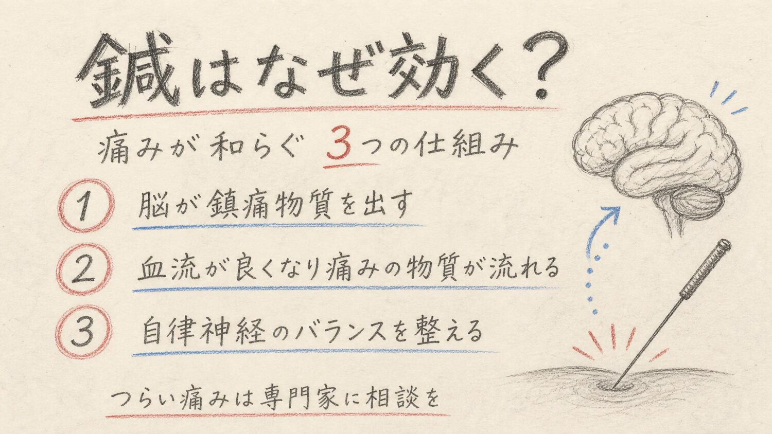 鍼が効く3つの仕組みをまとめた鉛筆スケッチ風インフォグラフィック