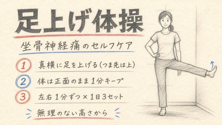 足上げ体操のやり方(鉛筆スケッチ風インフォグラフィック)
