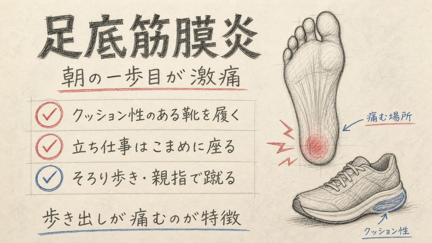 足底筋膜炎の原因と対策をまとめた鉛筆スケッチ風インフォグラフィック