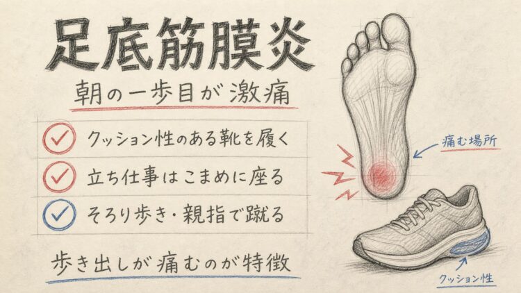 足底筋膜炎の原因と対策(鉛筆スケッチ風インフォグラフィック)