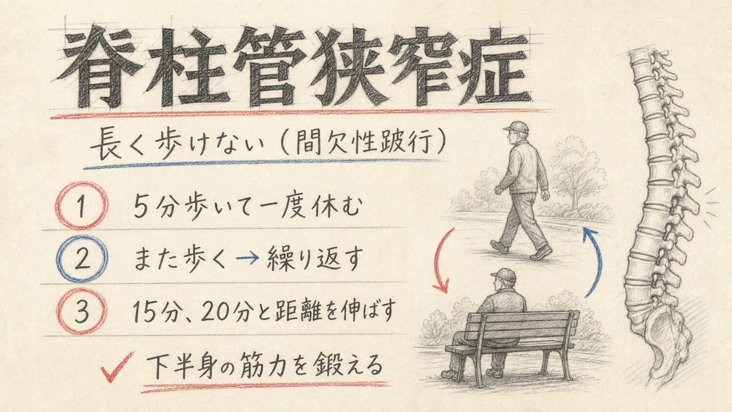 脊柱管狭窄症の歩き方のコツをまとめた鉛筆スケッチ風インフォグラフィック
