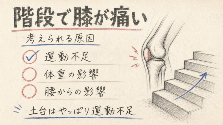 階段で膝が痛む原因(鉛筆スケッチ風インフォグラフィック)