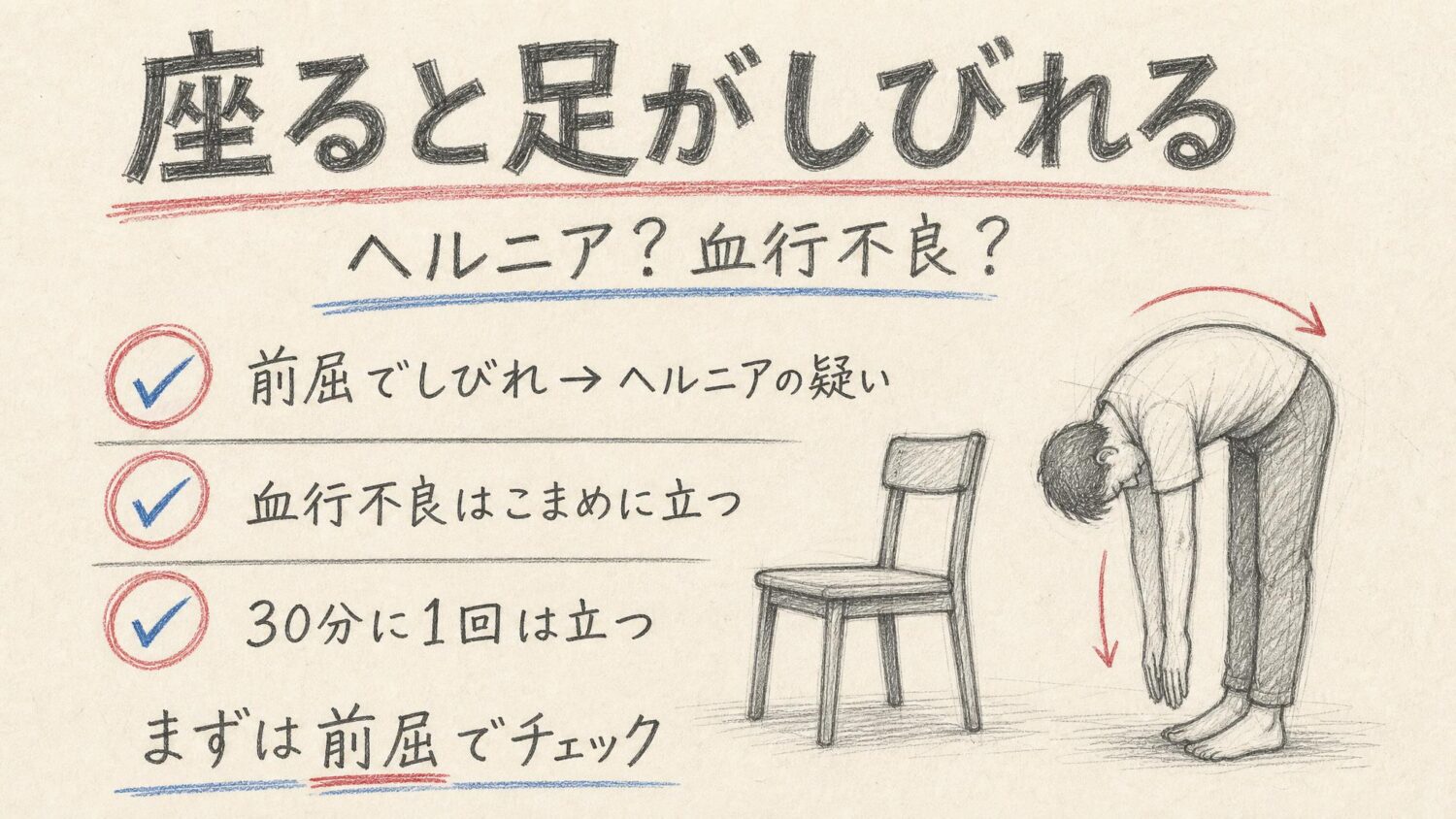 座ると足がしびれる原因の見分け方をまとめた鉛筆スケッチ風インフォグラフィック