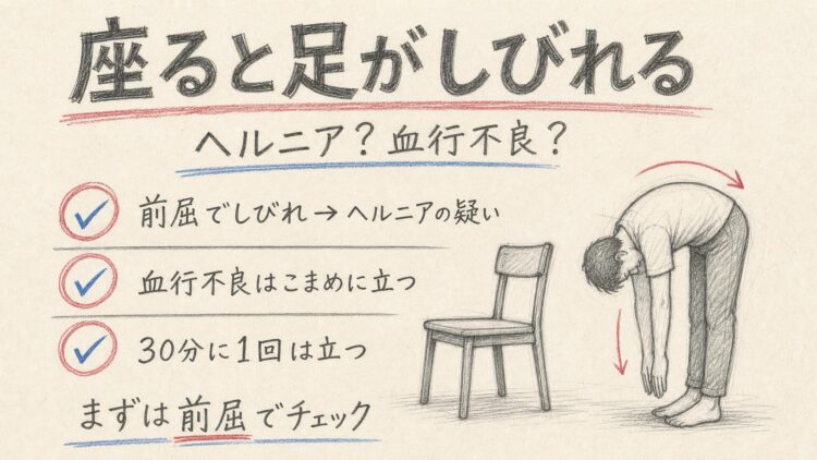 座ると足がしびれる原因の見分け方(鉛筆スケッチ風インフォグラフィック)
