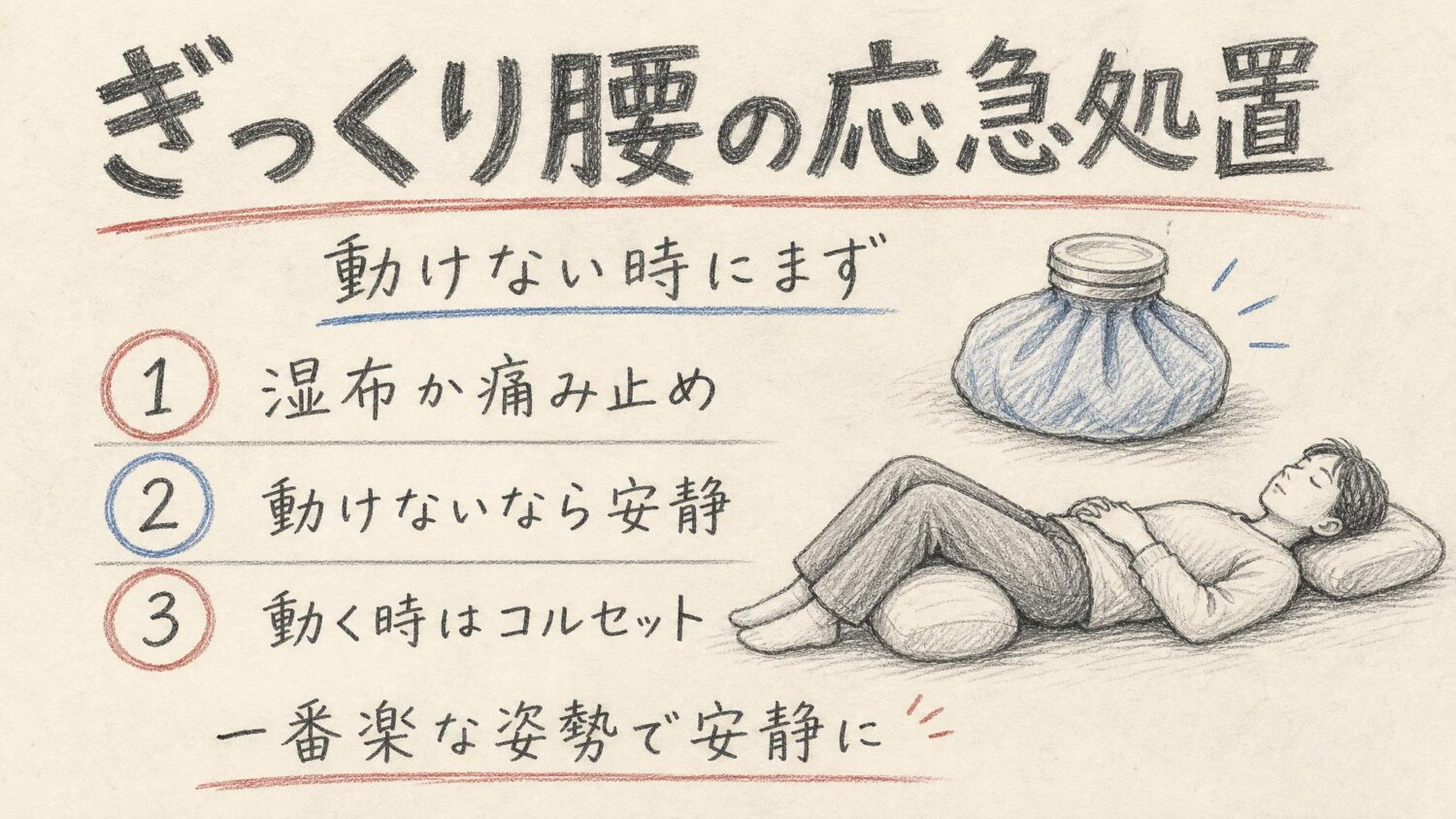 ぎっくり腰の応急処置をまとめた鉛筆スケッチ風インフォグラフィック
