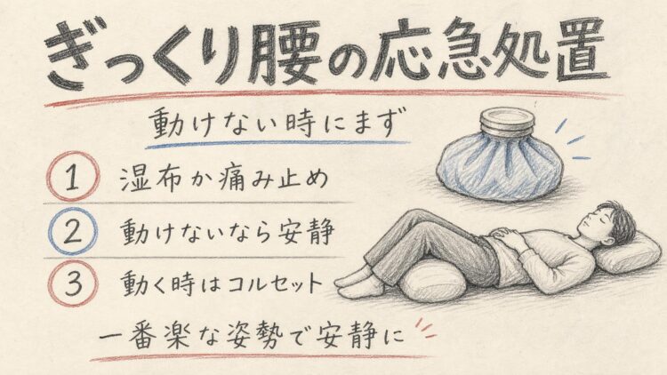ぎっくり腰の応急処置(鉛筆スケッチ風インフォグラフィック)