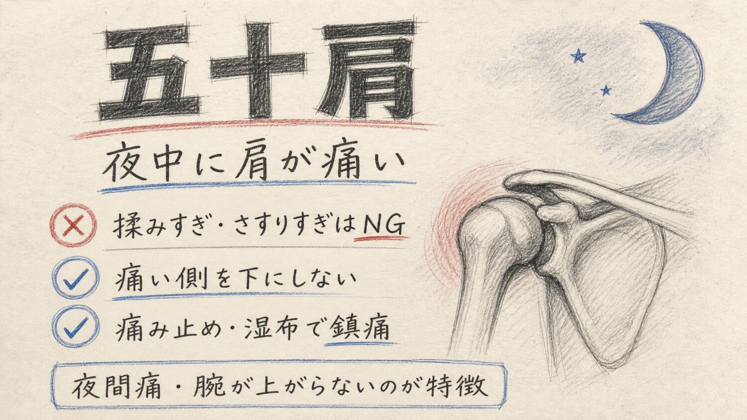 五十肩の痛みを和らげる方法をまとめた鉛筆スケッチ風インフォグラフィック