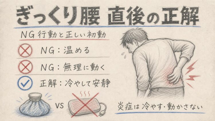 ぎっくり腰直後のNG行動と正しい初動(鉛筆スケッチ風インフォグラフィック)