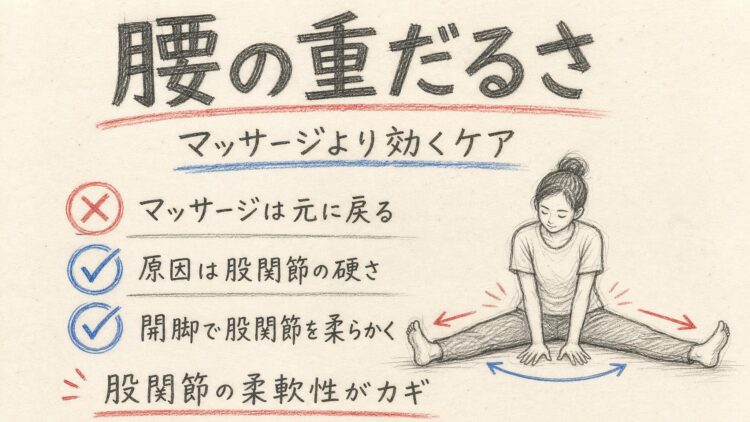 腰の重だるさに効く股関節セルフケア(鉛筆スケッチ風インフォグラフィック)