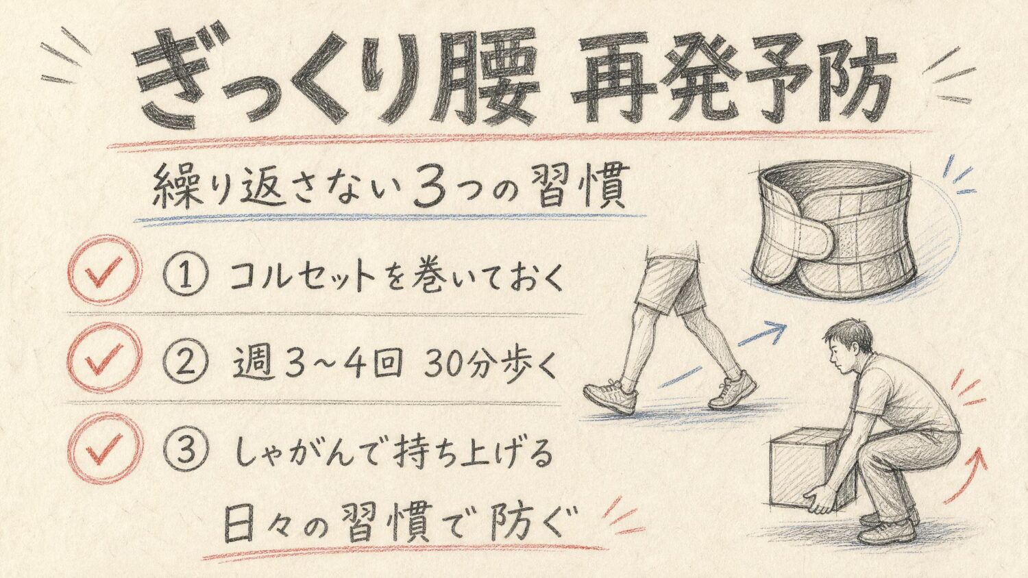 ぎっくり腰の再発予防3つの習慣をまとめた鉛筆スケッチ風インフォグラフィック