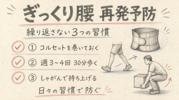 ぎっくり腰の再発予防3つの習慣(鉛筆スケッチ風インフォグラフィック)