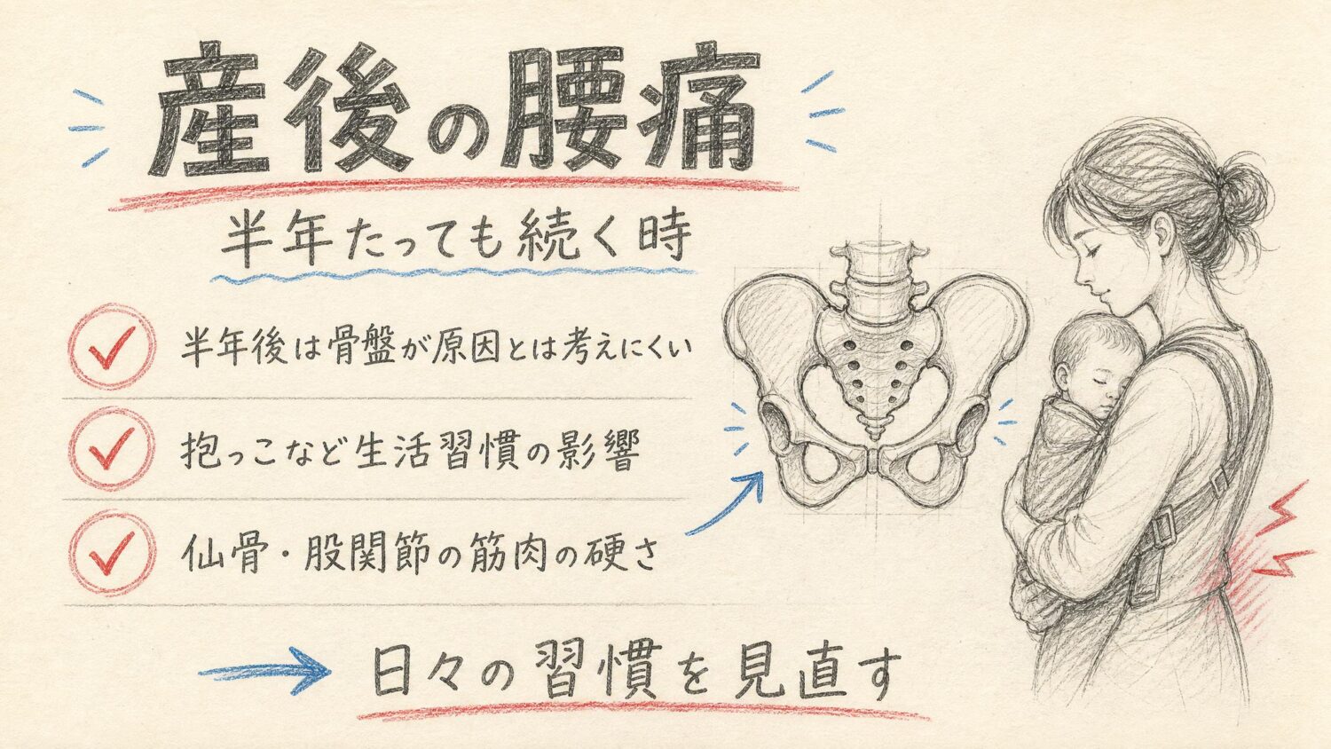 産後に続く腰痛の原因をまとめた鉛筆スケッチ風インフォグラフィック