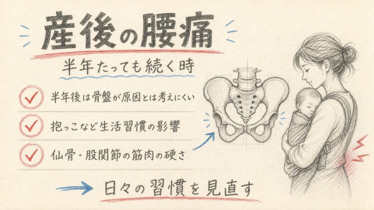 産後に続く腰痛の原因（鉛筆スケッチ風インフォグラフィック）