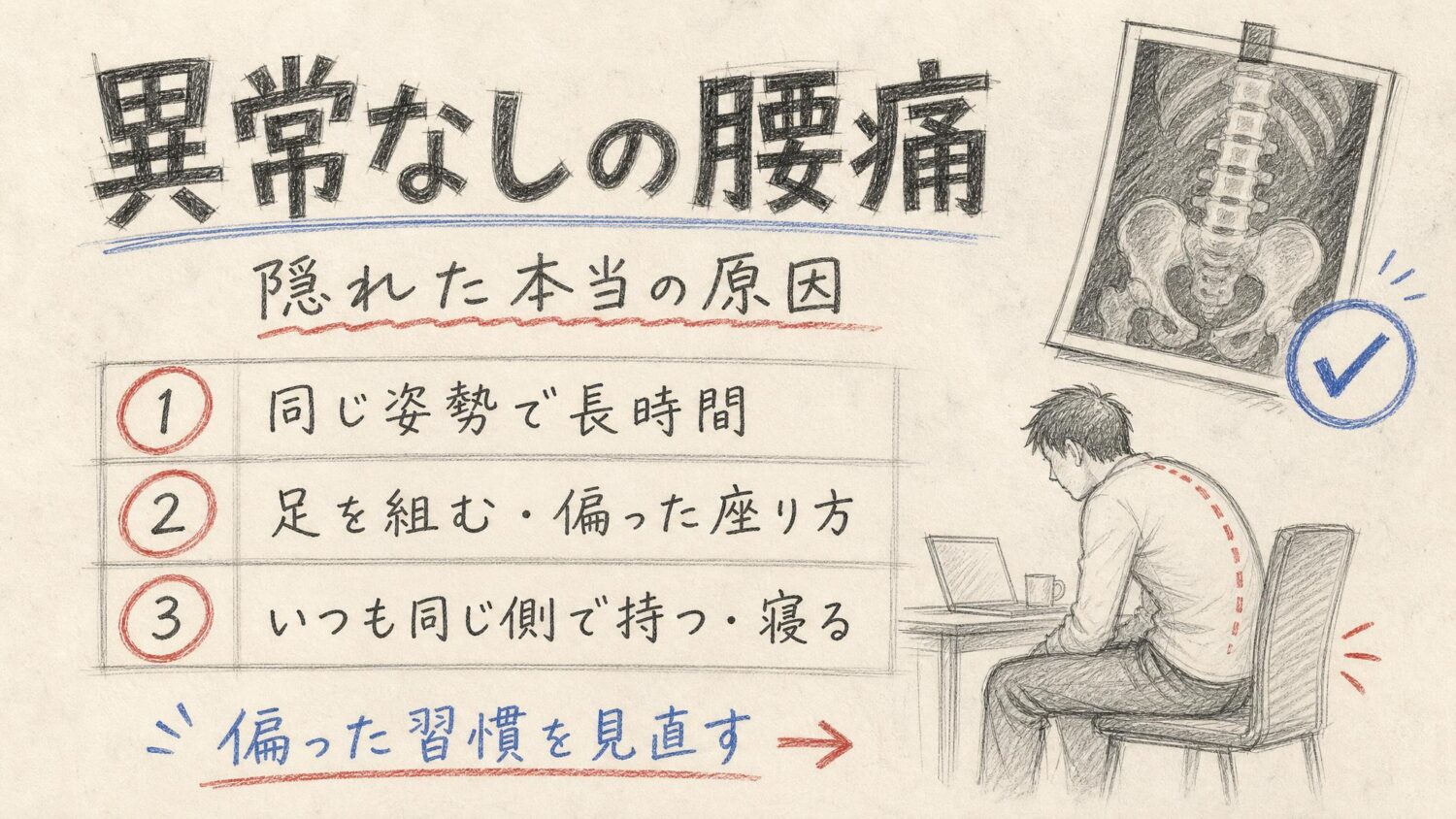 検査で異常なしの腰痛に隠れた原因をまとめた鉛筆スケッチ風インフォグラフィック