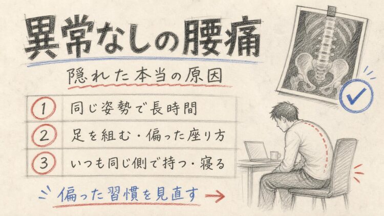 検査で異常なしの腰痛に隠れた原因（鉛筆スケッチ風インフォグラフィック）