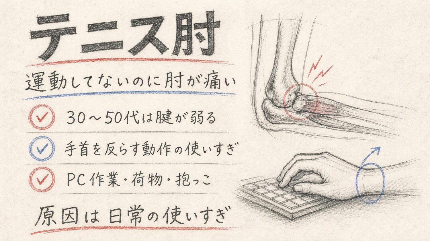テニス肘になる日常の原因をまとめた鉛筆スケッチ風インフォグラフィック