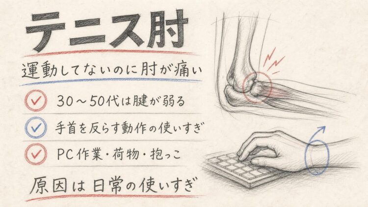 テニス肘になる日常の原因（鉛筆スケッチ風インフォグラフィック）