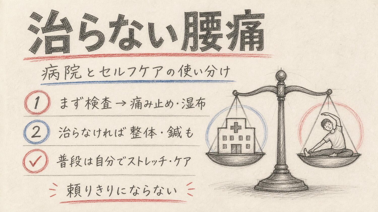 腰痛の病院とセルフケアの使い分けをまとめた鉛筆スケッチ風インフォグラフィック