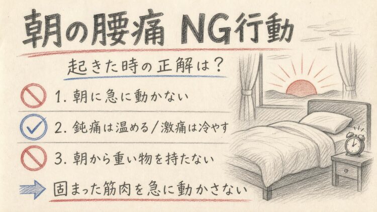 朝の腰痛のNG行動と温め冷やしの判断（鉛筆スケッチ風インフォグラフィック）