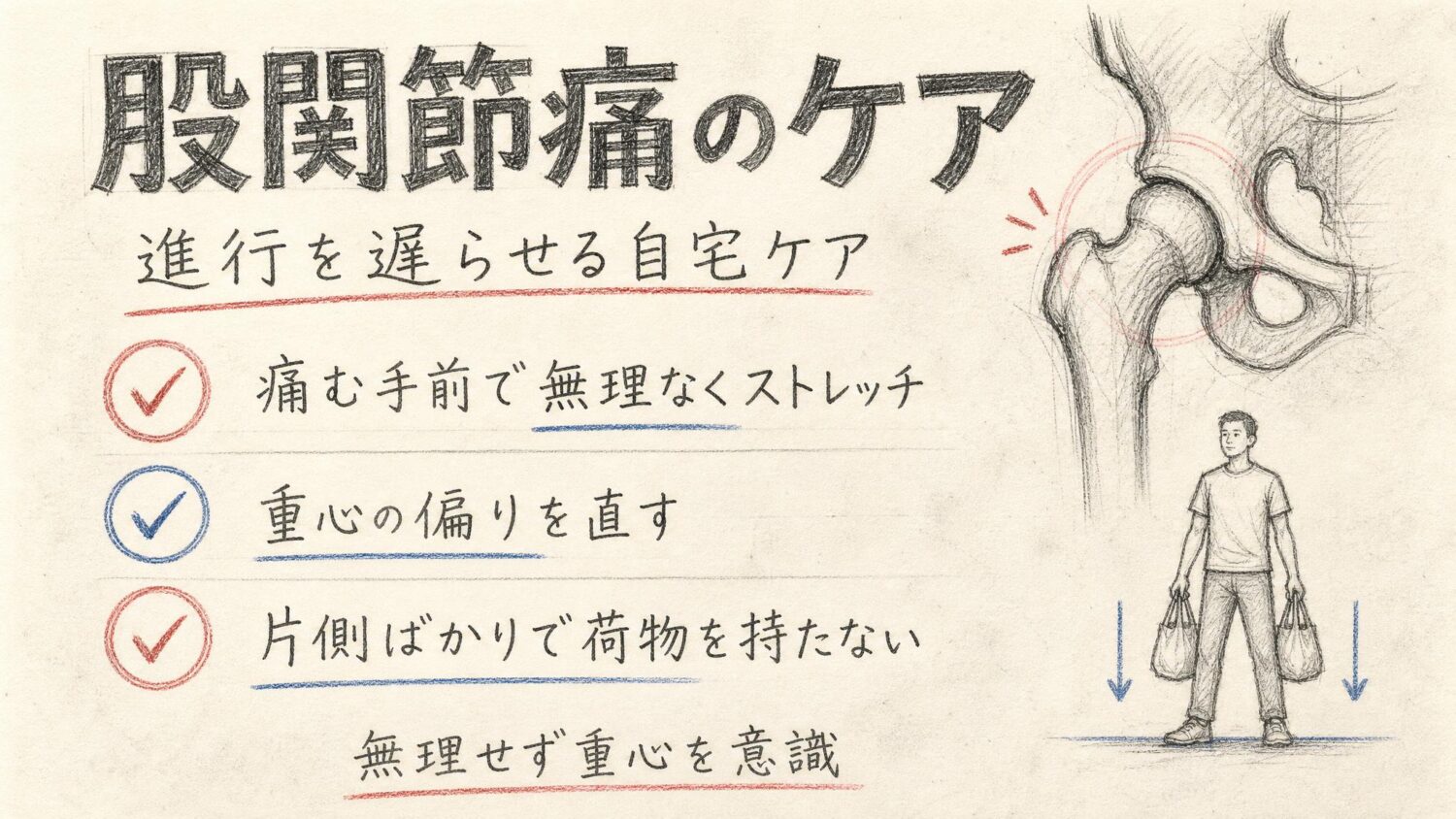 股関節痛を進ませない自宅ケアをまとめた鉛筆スケッチ風インフォグラフィック