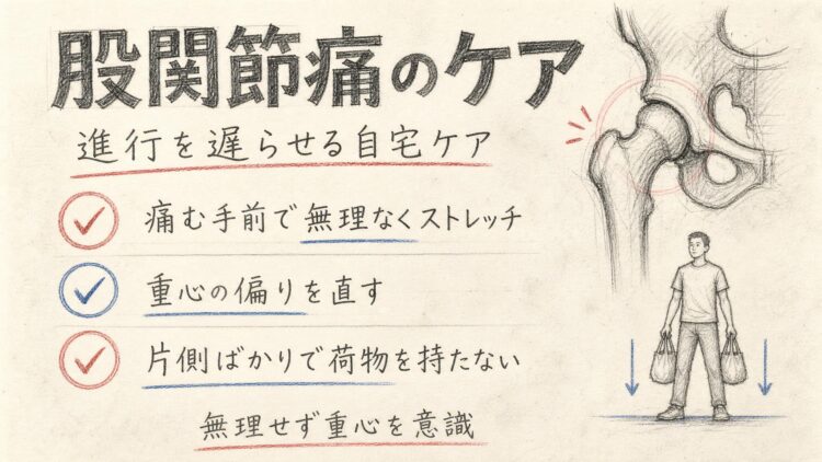 股関節痛を進ませない自宅ケア（鉛筆スケッチ風インフォグラフィック）