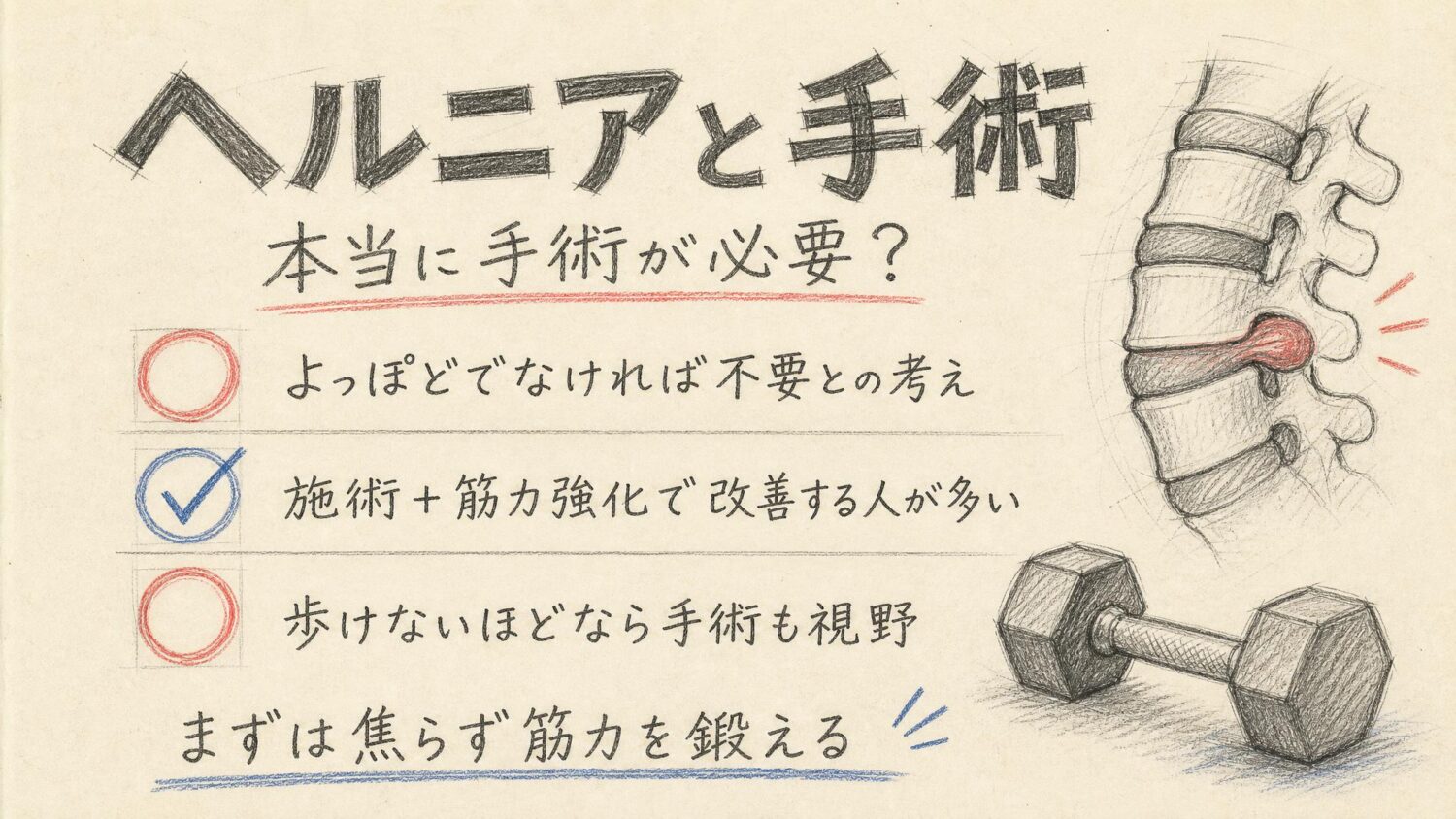 ヘルニアと手術についての考えをまとめた鉛筆スケッチ風インフォグラフィック